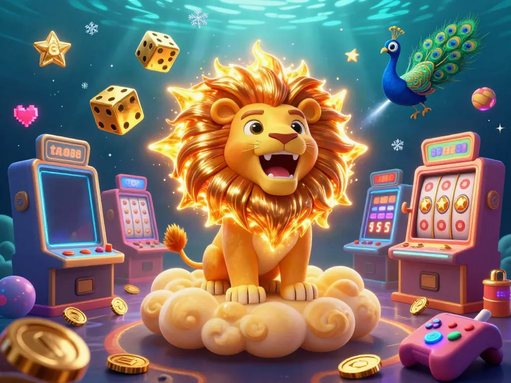 Immerse in the thrill of ta88's uniquely vibrant casino scene featuring a roaring lion, golden dice, and colorful slot machines.