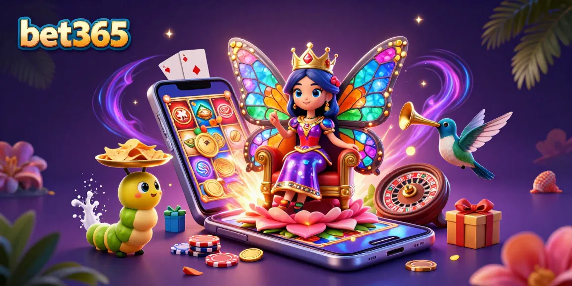Experience bet365 as the butterfly queen presides over a colorful casino scene with dynamic gaming elements.