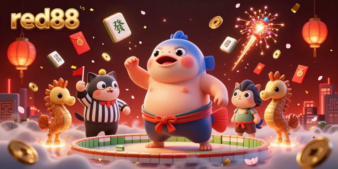 Engaging red88 gambling experience featuring a whimsical blowfish sumo match with dynamic casino elements.