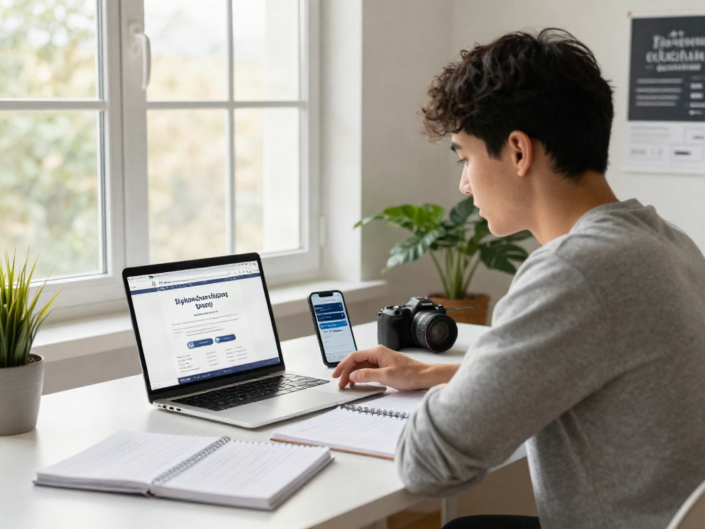 Student verdiept in het kopen van een diploma HBO met laptop en studie boeken in een moderne studieruimte.