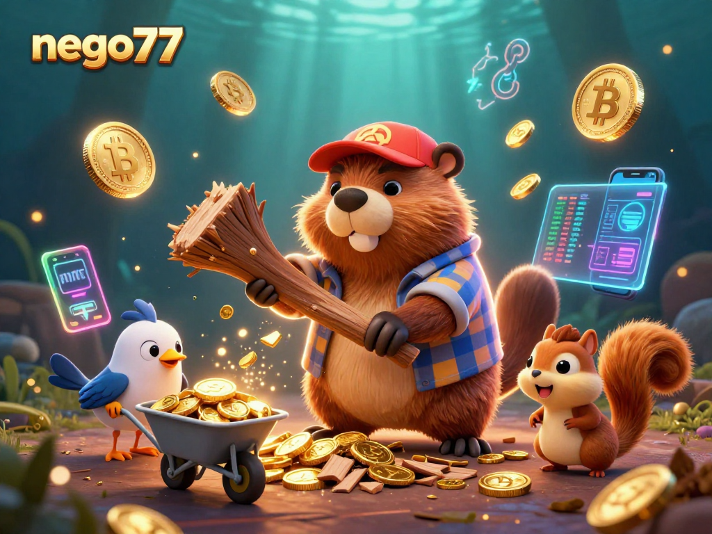 Collect invaluable rewards with nego77 as a beaver collects gold coins amidst a vibrant casino scene.