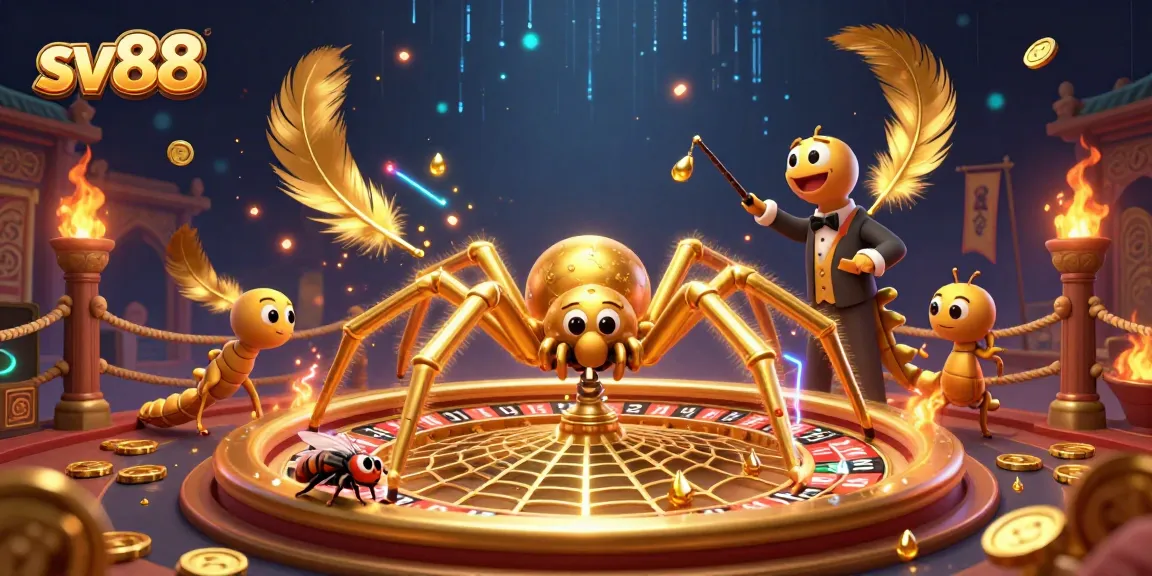 Place your bets with sv88 in this vibrant 3D casino scene featuring a spider roulette wheel.