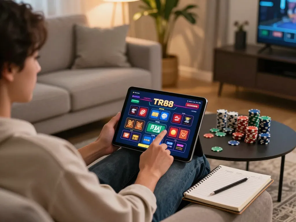 Engaging with TR88's online casino from home, enjoying a strategic gaming session.