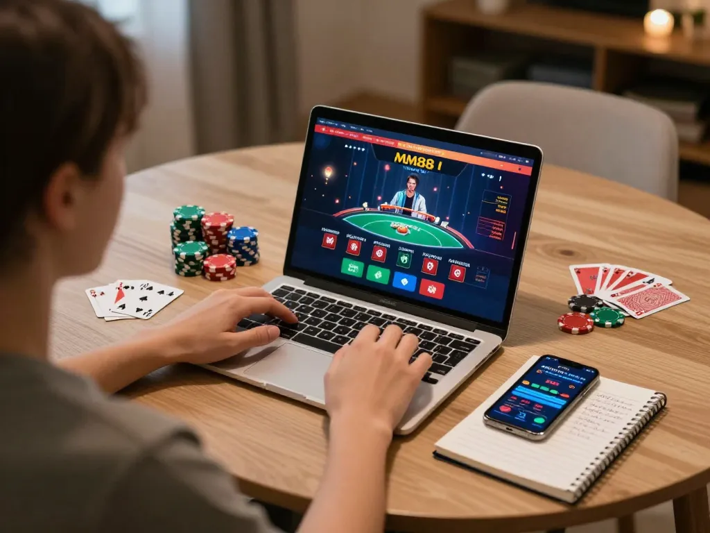 Person engaging in MM88 online casino gaming at home, showcasing a laptop with live dealer game.