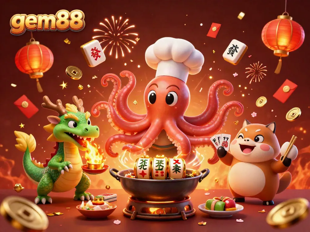 Experience the excitement of gem88 with a lively casino scene featuring a sushi chef octopus and dragon.