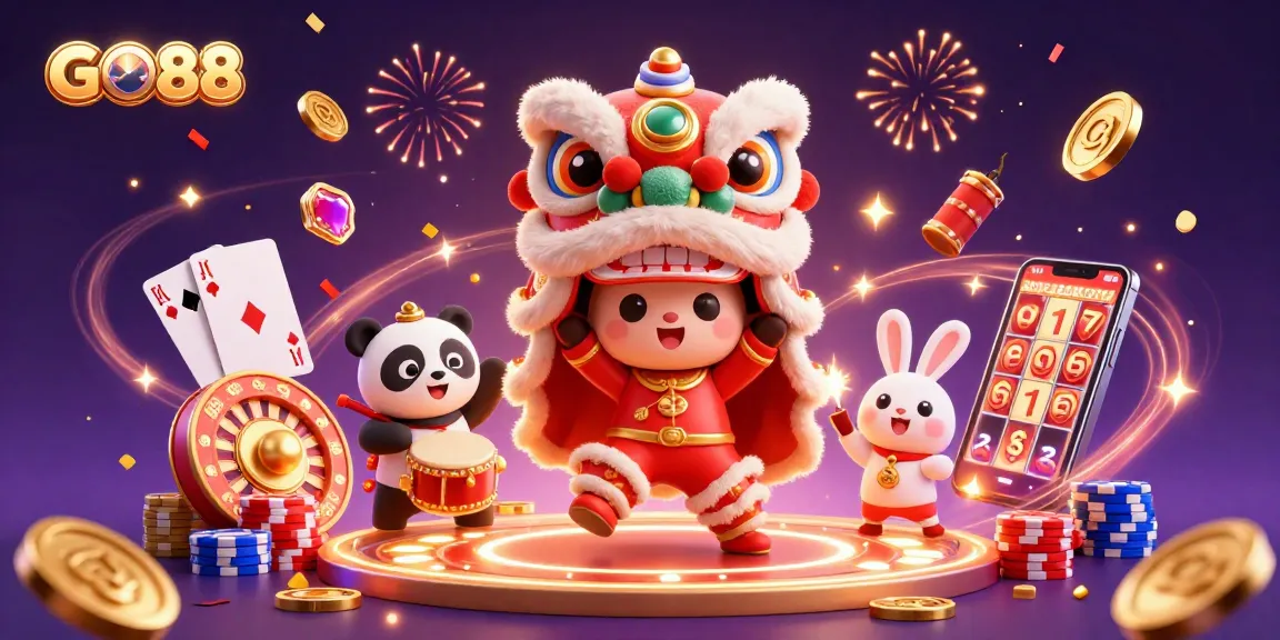 Experience GO88's excitement with a dynamic, celebratory 3D illustration showcasing vibrant casino elements.