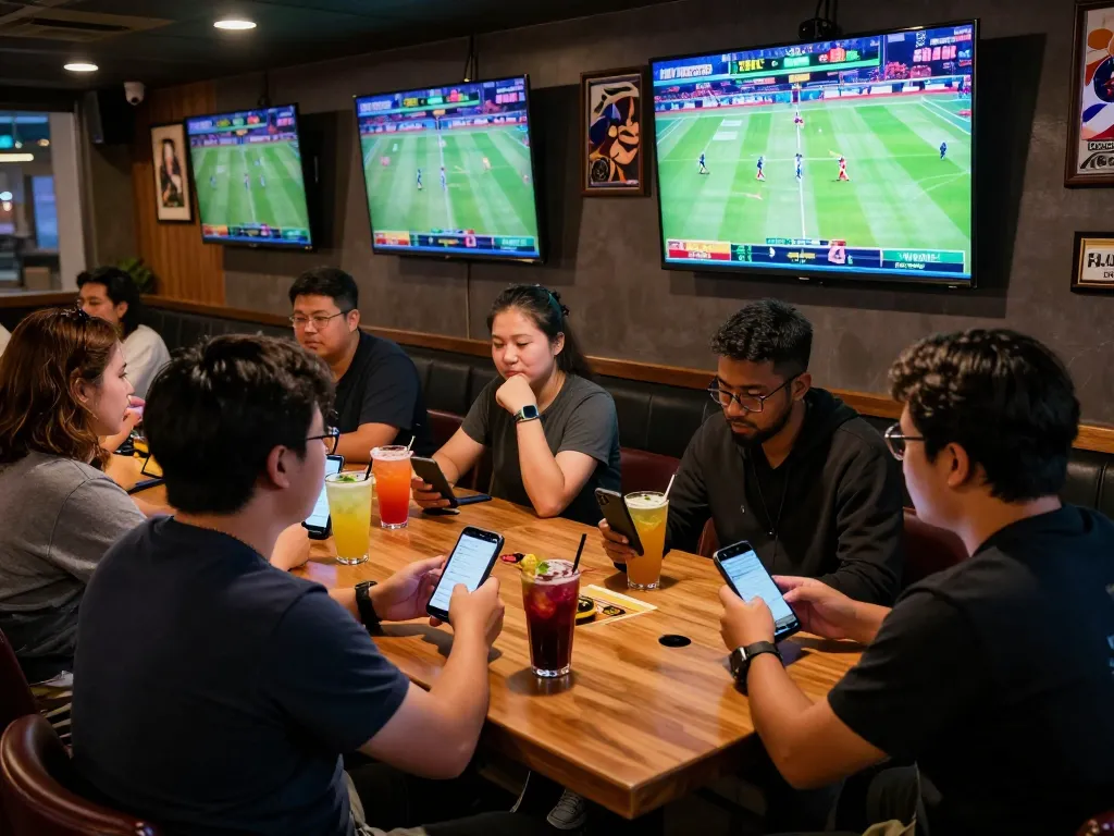 Engaged sports bettors strategizing in a lively sports bar environment on tylekeonhacai88.