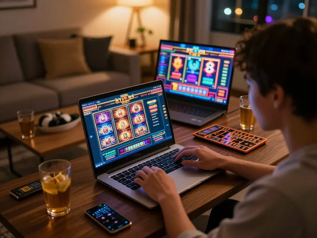 Maine Coast Hemp player engaging with online casino games, lively atmosphere, laptop in cozy home setting.