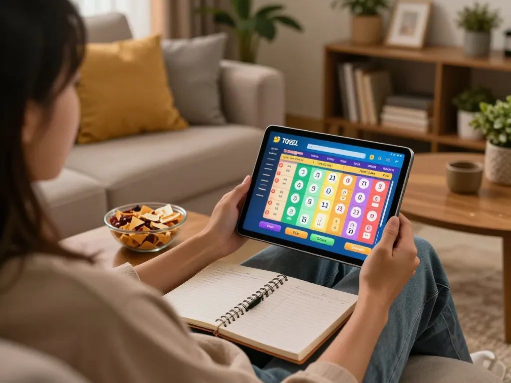 Engaging in online togel gaming from a cozy living room, highlighting comfort and strategy.