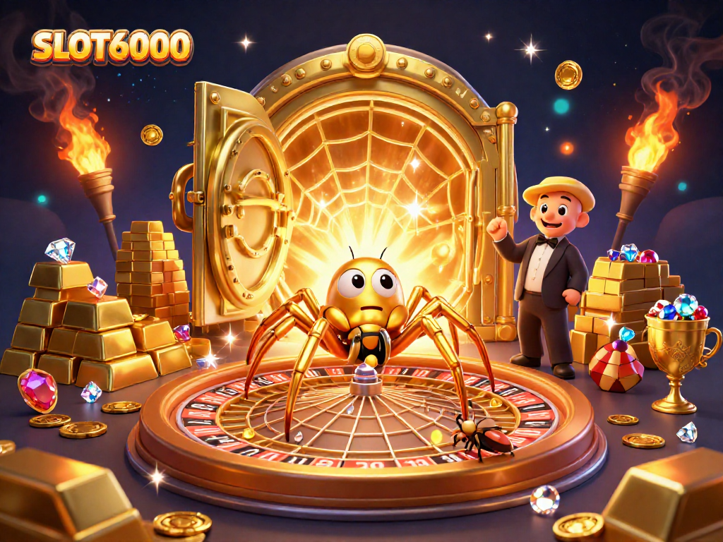 Join the excitement at SLOT6000 with dynamic gaming elements featuring slots, treasures, and a vibrant casino atmosphere.