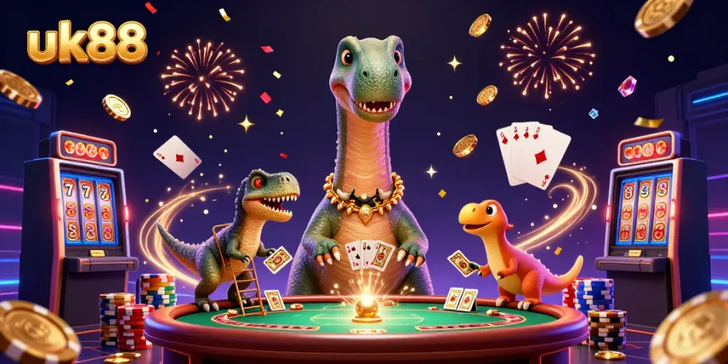 Engage with uk88 in this vibrant casino scene featuring a brontosaurus, raptor dealer, and dynamic gaming elements.