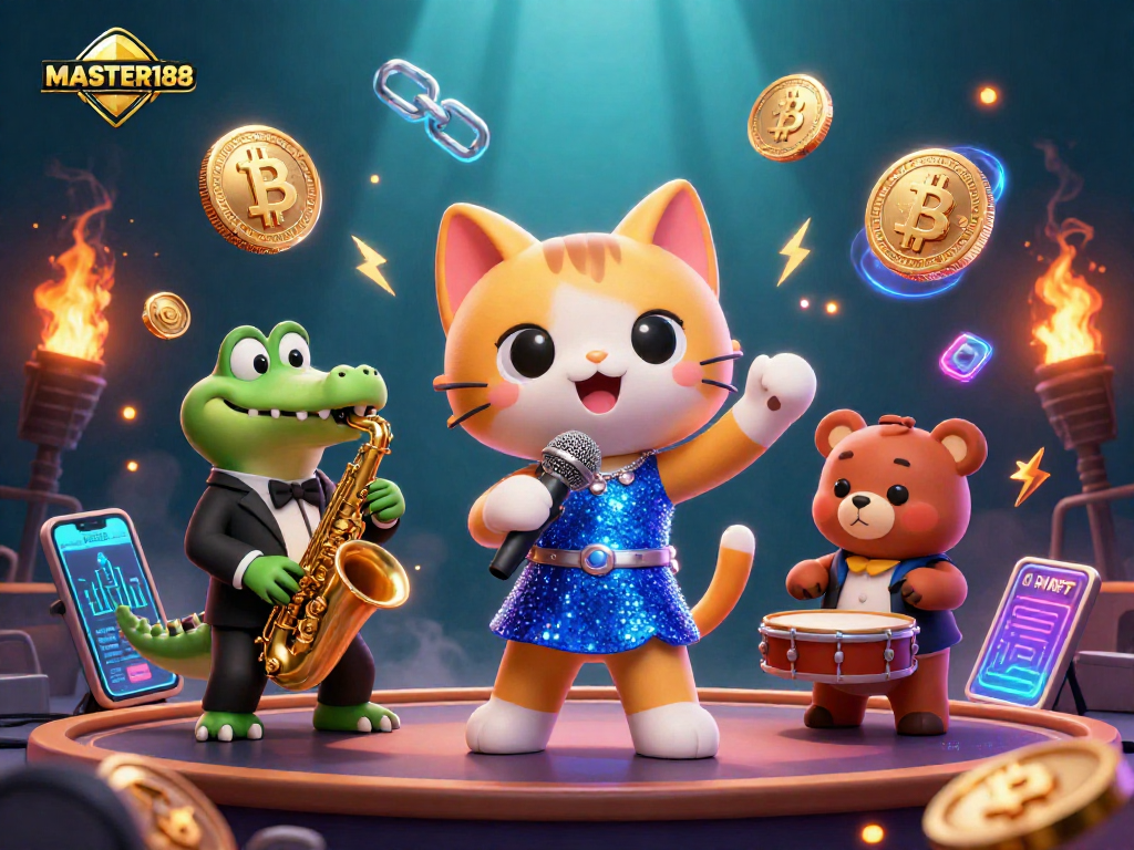 Experience the thrill of MASTER188 with vibrant 3D characters and neon crypto elements in a lively casino scene