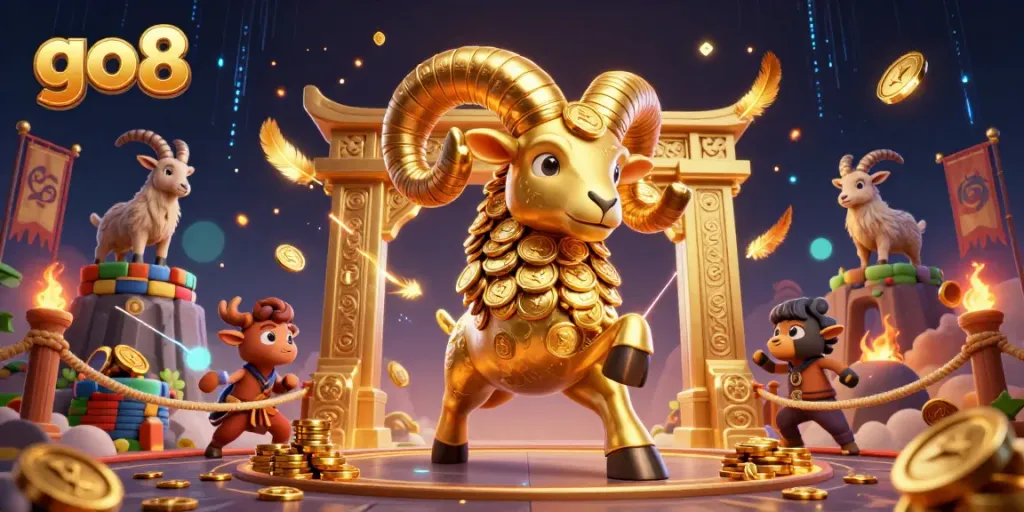 Engage in thrilling betting action at GO8 with golden ram surrounded by vibrant casino elements.