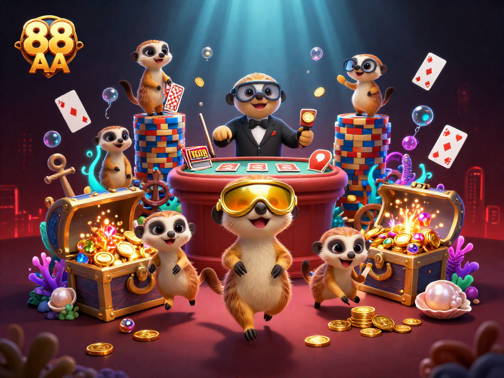 Experience the excitement of 88 AA in a vivid casino scene featuring playful meerkats and vibrant gaming elements.