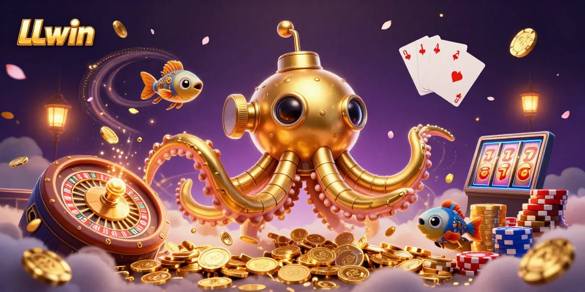 Experience LLwin's exciting gaming universe with a golden kraken amidst a sea of coins.