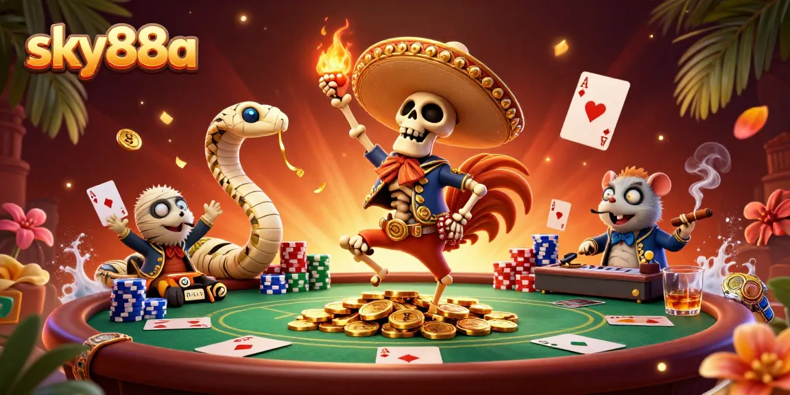 Engage with the sky88a casino experience as a cartoon skeleton celebrates on golden coins amidst poker elements.