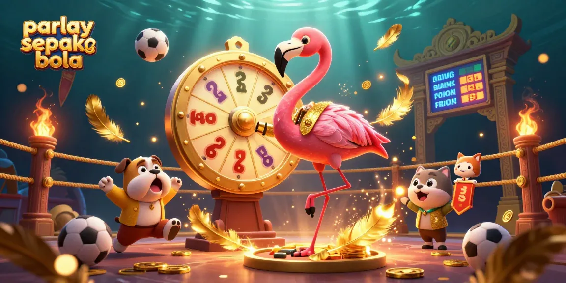 Exciting parlay sepak bola betting scene with a flamingo host, bulldog contestant, and scoreboard cat, dynamic sports elements