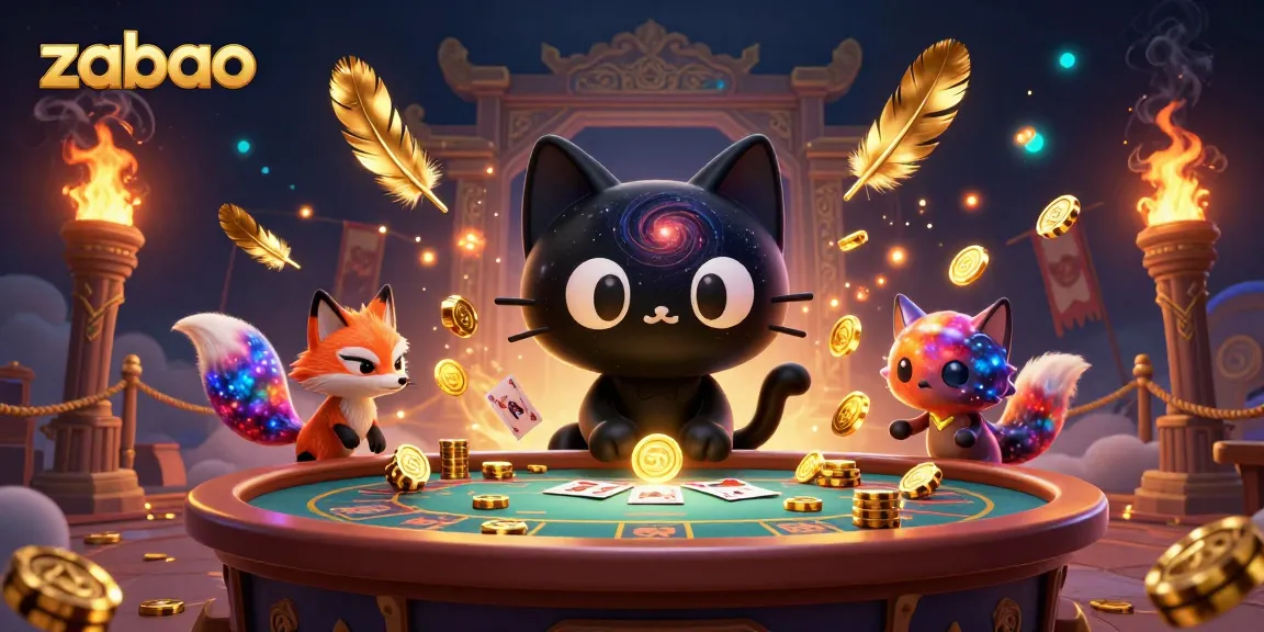 Engage in the zaobao experience with a cosmic cat and colorful fox amidst vibrant casino elements.