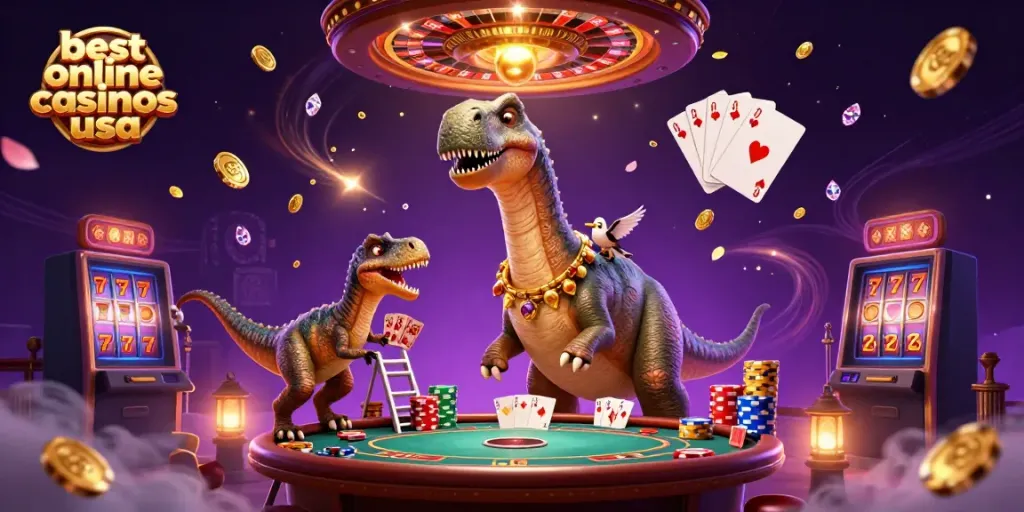Experience the best online casinos usa with a magical casino scene featuring a brontosaurus, raptor dealer, and vibrant games.