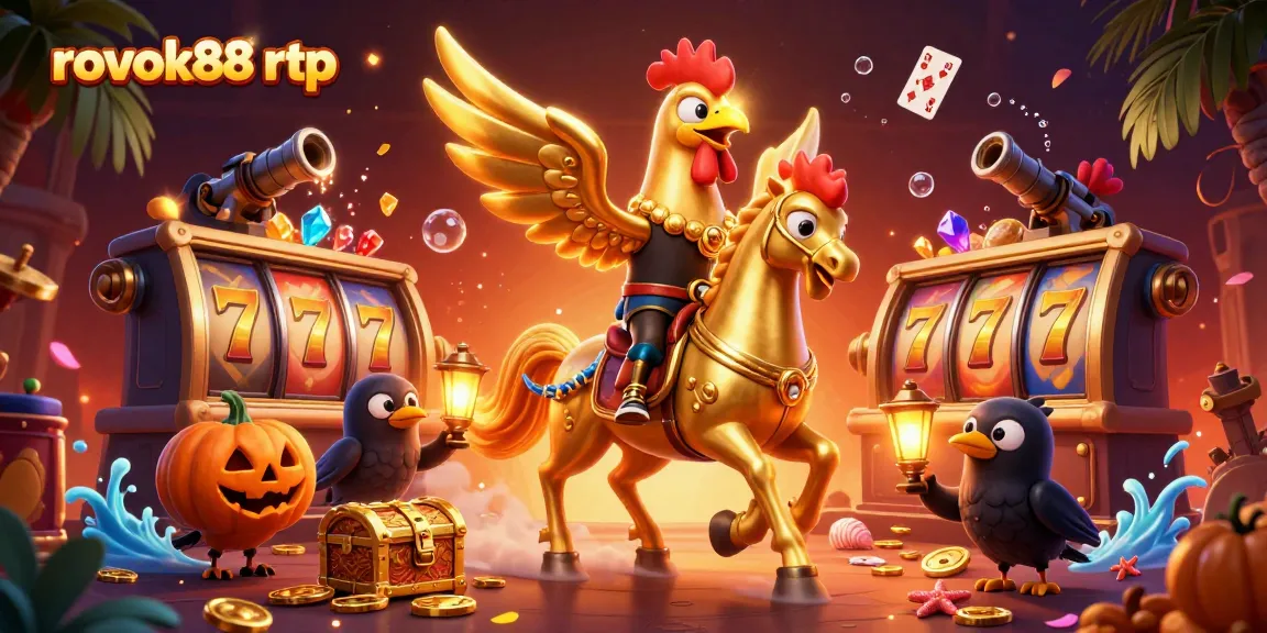 Engage with rokok88 rtp in a vibrant, dynamic casino scene featuring golden rooster and treasure.