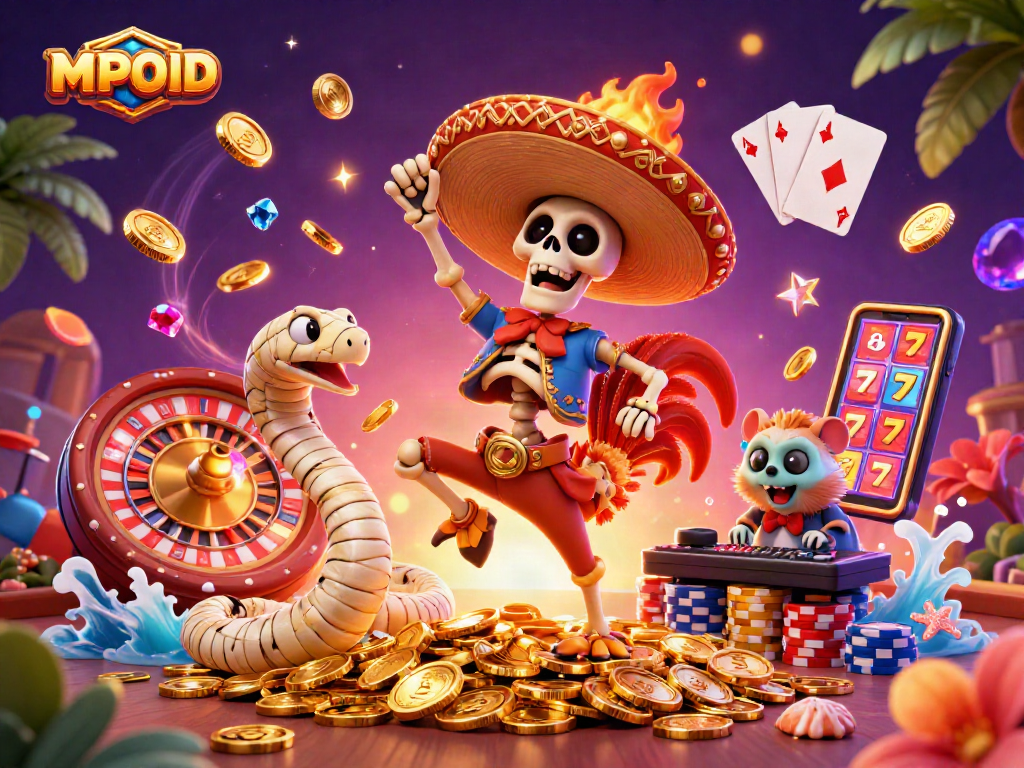 MPOID brand promotes exciting casino vibe with a dancing skeleton mariachi and glimmering gold.