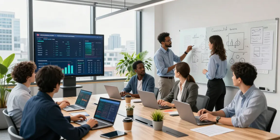 Office meeting showcasing outsourced IT services London with diverse team using technology and data analytics in a bright setting.
