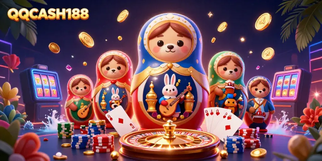 Engage in thrilling games at QQCASH188, featuring vibrant casino action and lively characters.