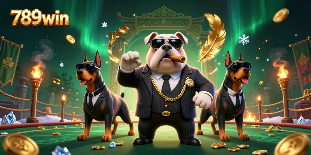 Win big at 789win with a thrilling 3D casino scene featuring a bulldog mafia boss and bodyguard Dobermans.