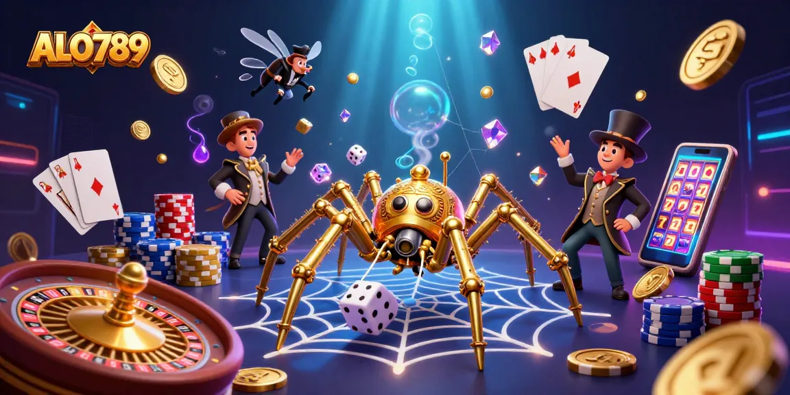 Experience ALO789’s dynamic casino world with a steampunk spider and golden elements