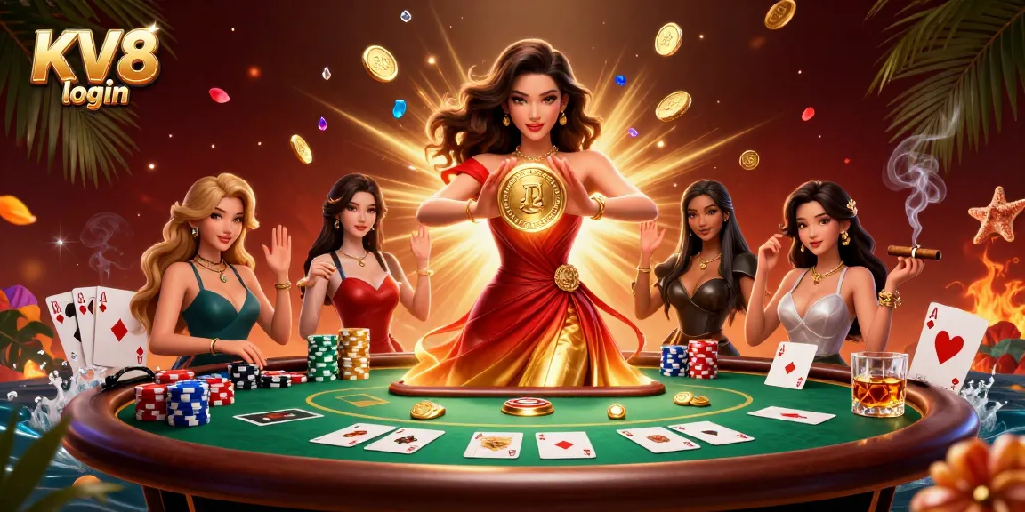 Experience the thrill of KV8 login with a stunning illustration featuring a glamorous Asian woman holding a golden coin.