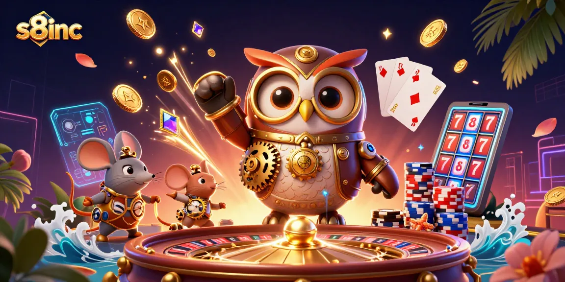 Play exciting games at s8inc, featuring a whimsical owl, coins, and vibrant casino elements.