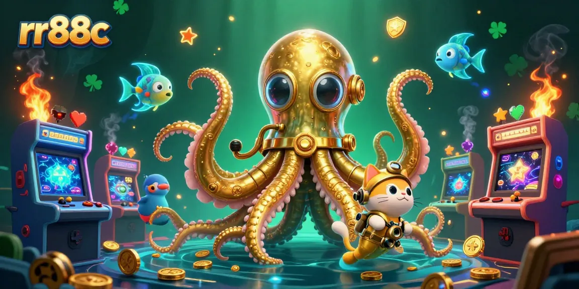 Play thrilling games at rr88c with a colossal kraken and a diving cat amidst vibrant arcade elements.