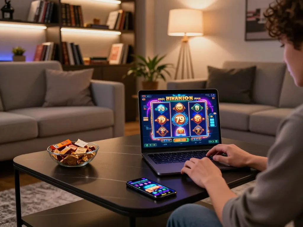 Engaged player enjoying a slot game on 79 king in a cozy home gaming setup with snacks