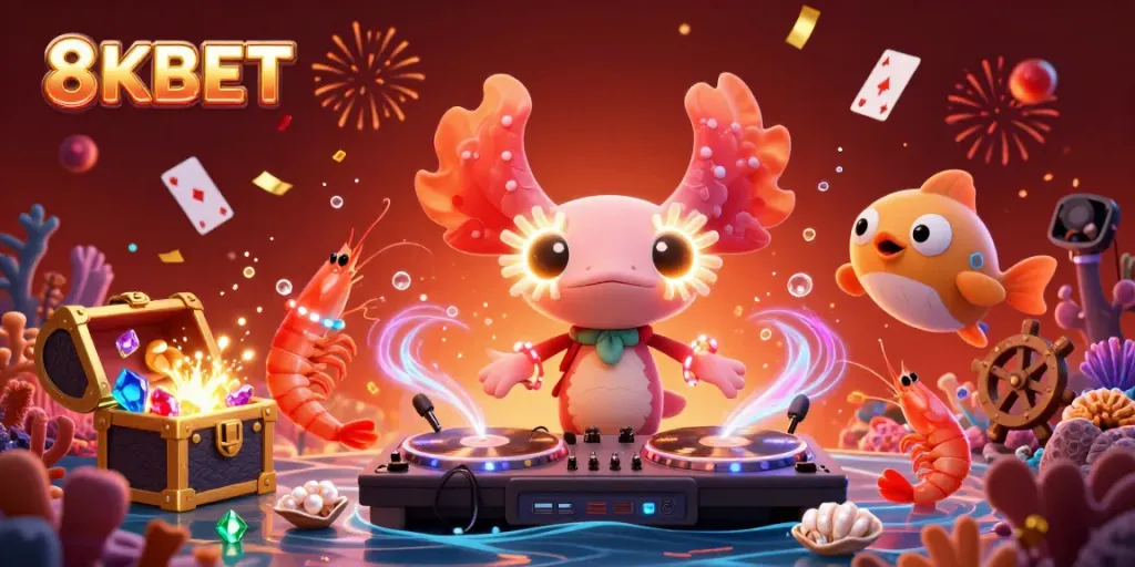 Experience thrilling online gaming with 8KBET's vibrant underwater casino scene featuring an axolotl DJ.