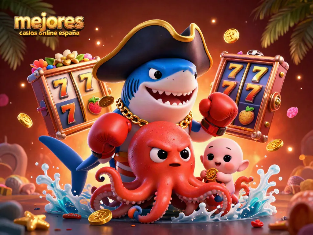 Ilustración 3D de los mejores casinos online España, con un tiburón pirata ganando monedas de oro.